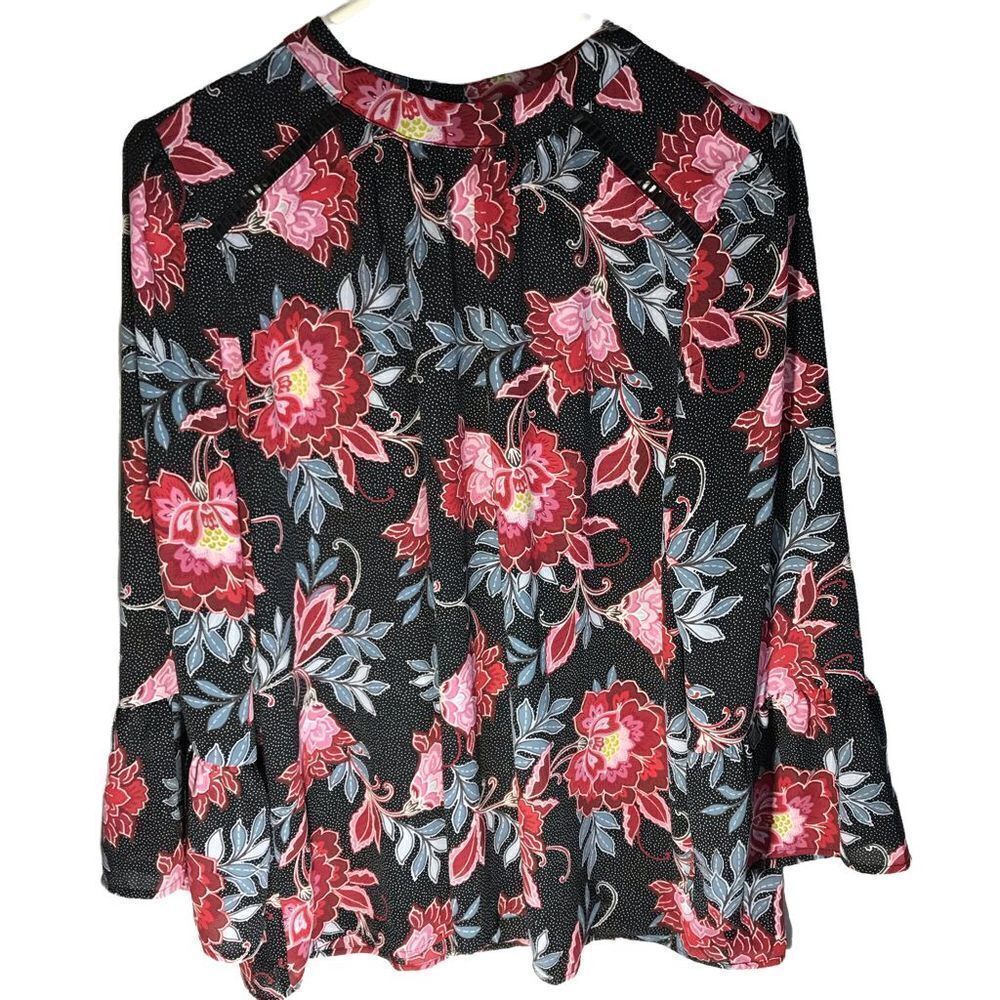 Loft size Large pink blue black floral bell ruffle sleeve dressy career